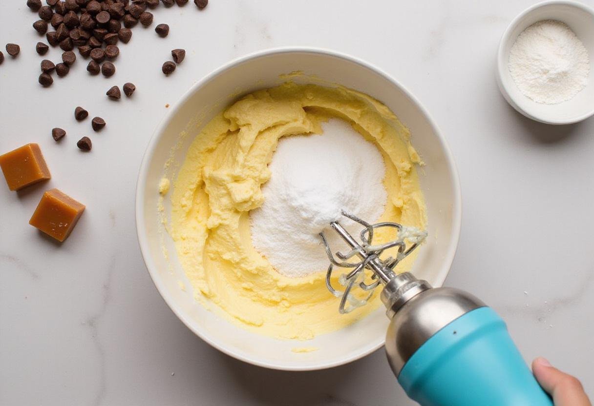 Butter and sugar being blended for delicious salted caramel chocolate chip cookies, with chocolate chips and caramel nearby.
