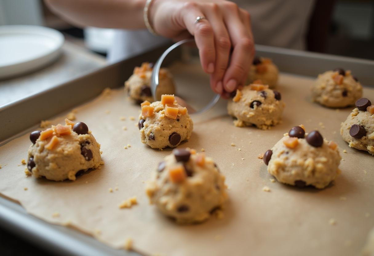 Shaping cookie dough balls and topping them with chocolate chips and caramel pieces for salted caramel chocolate chip cookies.