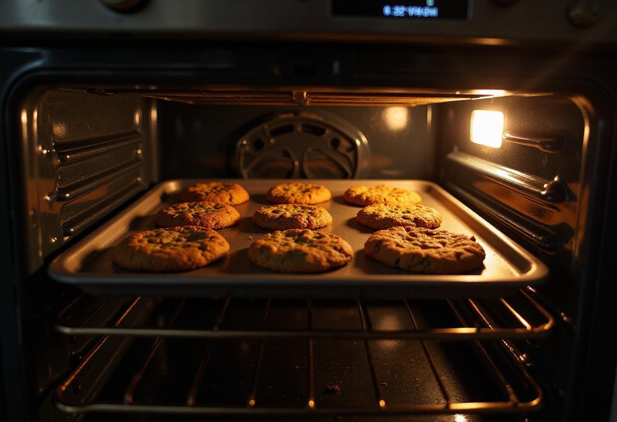 Cookies baking in the oven, filling the kitchen with aroma for freshly made salted caramel chocolate chip cookies.