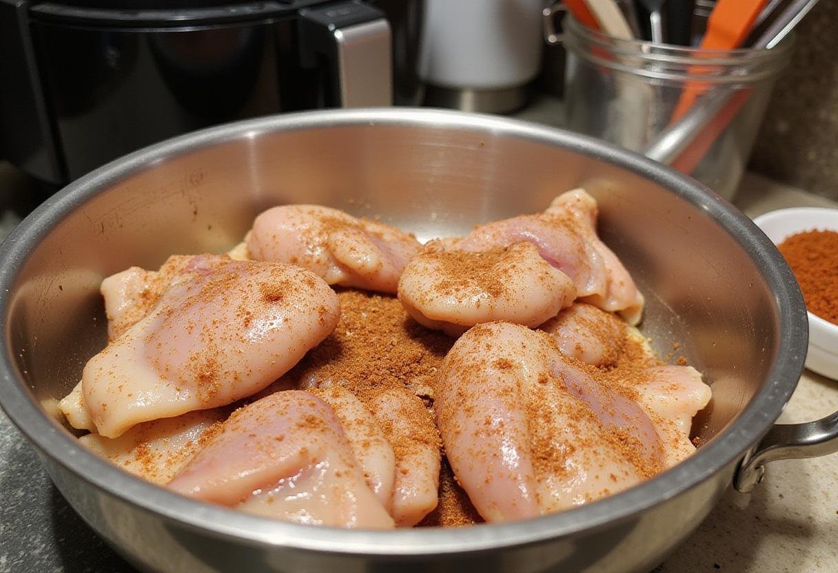 seasoned skinless chicken thighs in air fryer, marinated chicken thighs ready for air frying