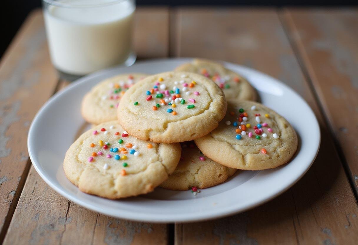 Delicious funfetti cake mix cookies with sprinkles displayed on a rustic table with a glass of milk.