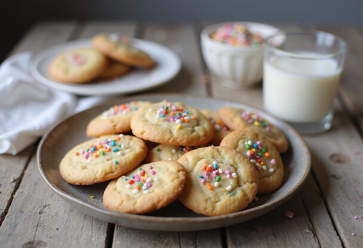 Delicious funfetti cake mix cookies with sprinkles displayed on a rustic table with a glass of milk.