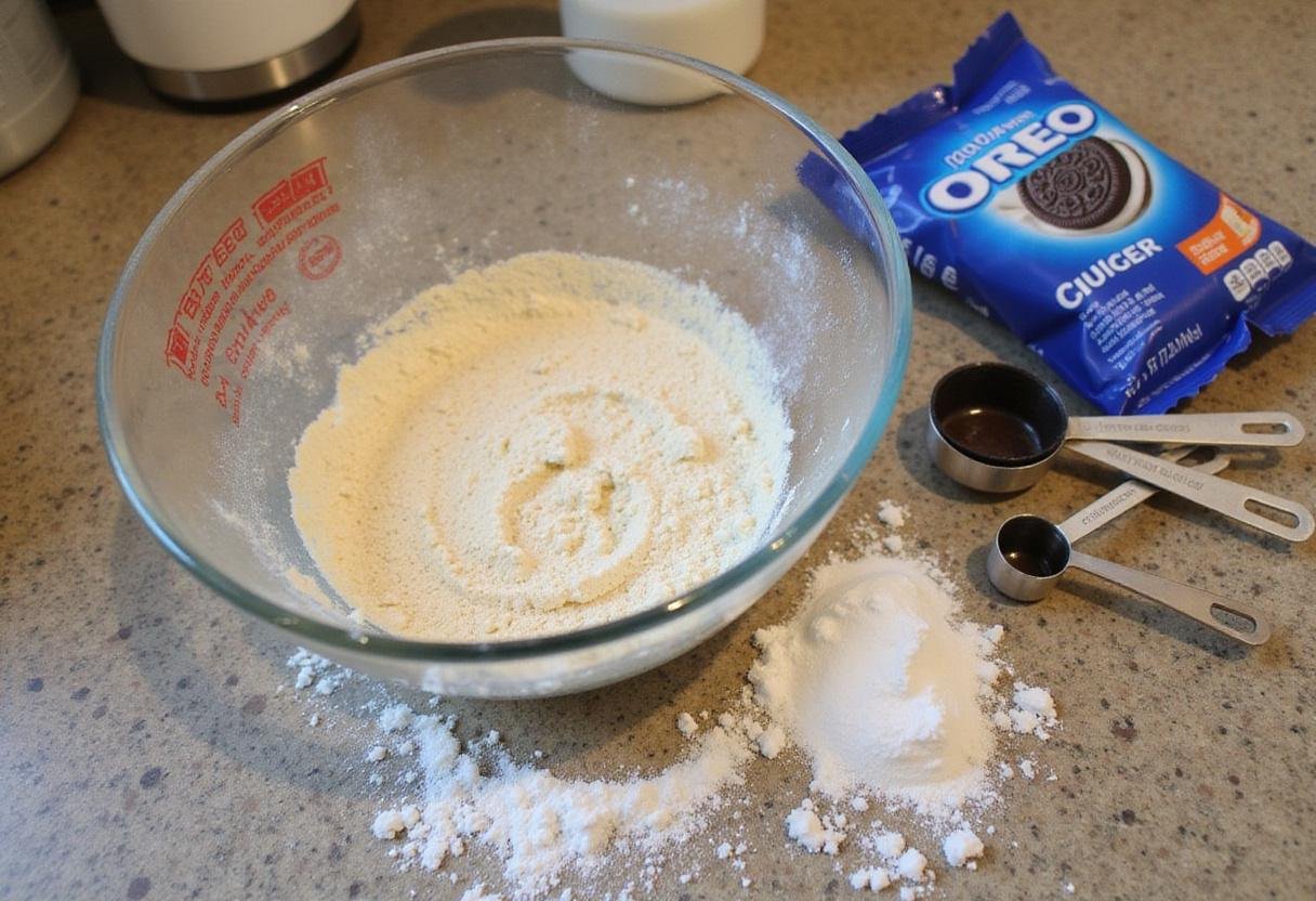 Oreo cake mix preparation with spilled sugar and flour on the kitchen counter.