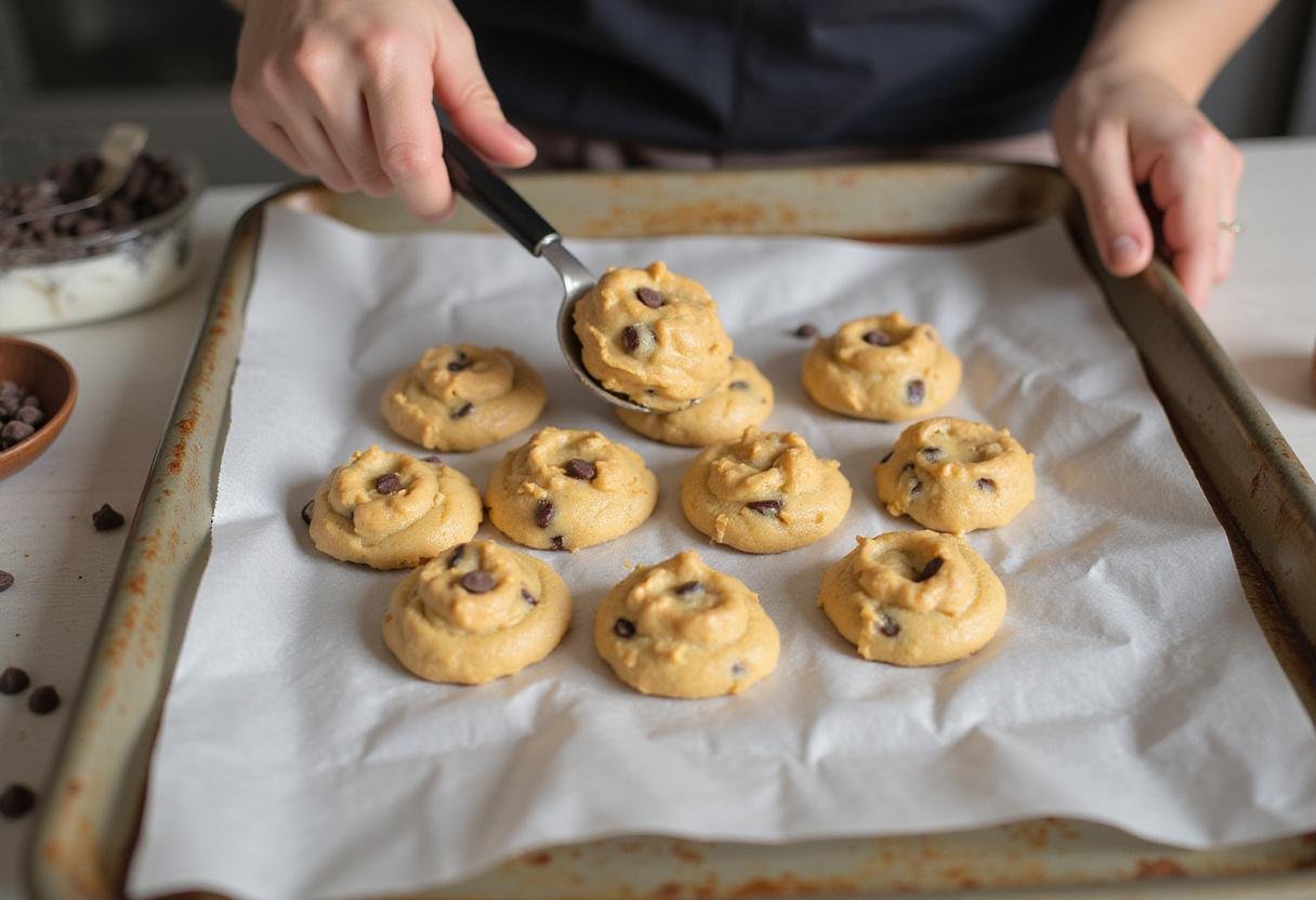 Scooping cookie dough from cake mix onto a baking sheet, ready for baking.
