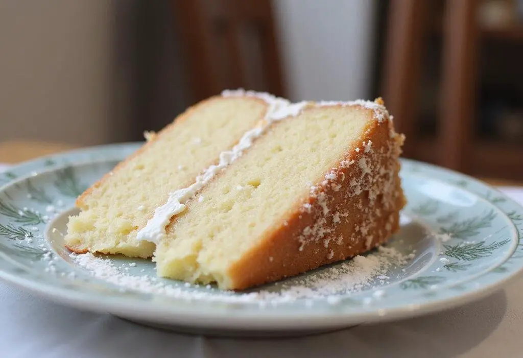 Final presentation of Simple Cake Mix Desserts, showcasing a slice of coconut cake with a delightful topping, perfect for any occasion.