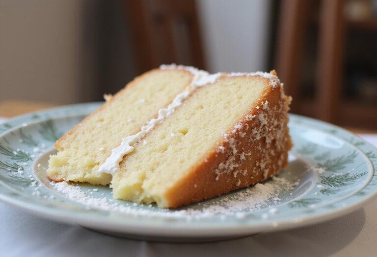 Final presentation of Simple Cake Mix Desserts, showcasing a slice of coconut cake with a delightful topping, perfect for any occasion.
