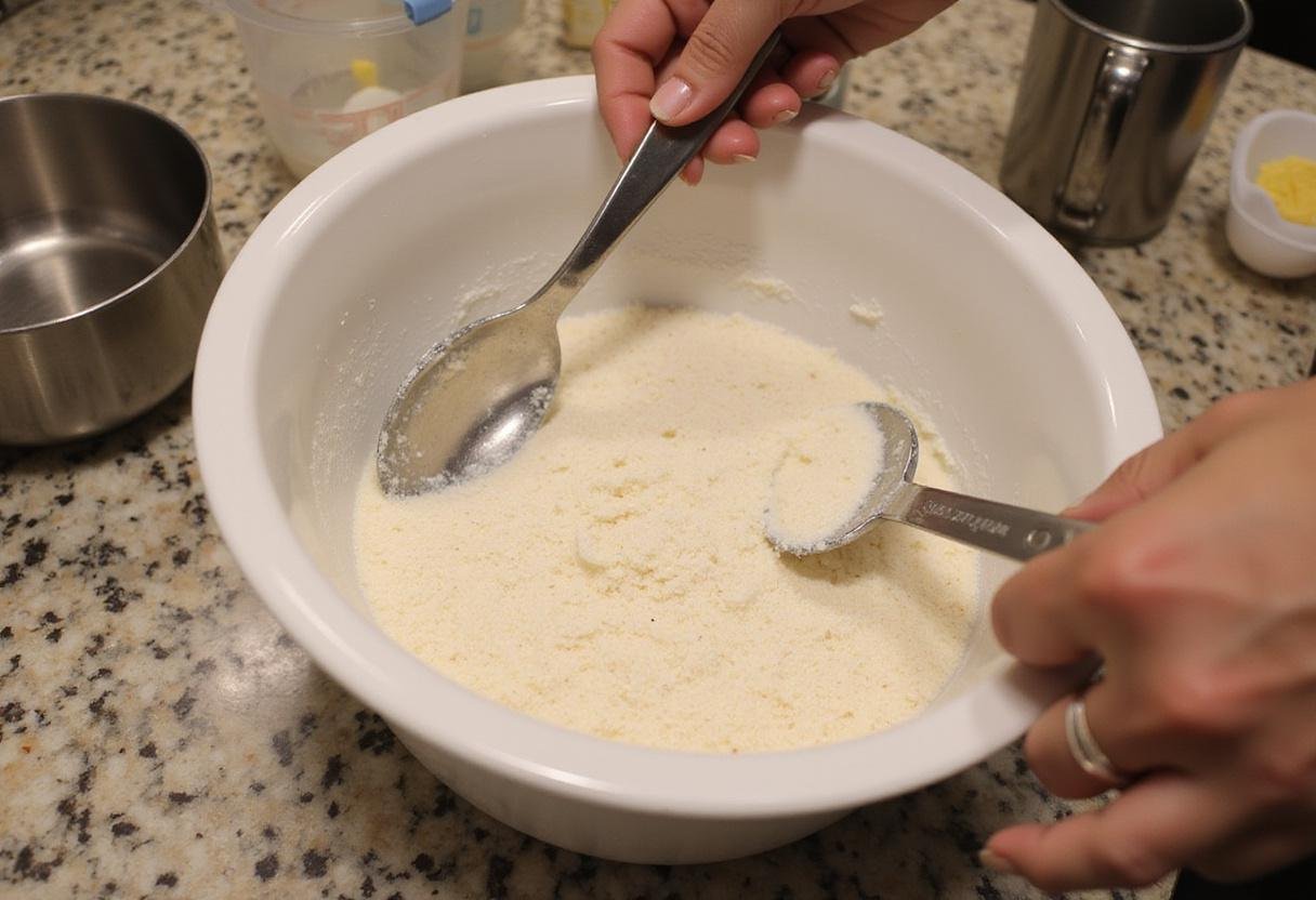 Preparation of coconut cake mix for Simple Cake Mix Desserts, featuring egg substitute, creating a delicious base.