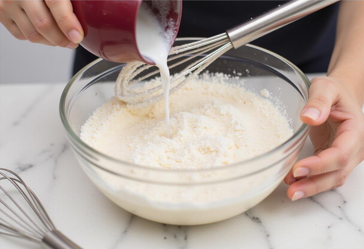 Mixing water with coconut cake mix for Simple Cake Mix Desserts, highlighting the use of egg substitute for a delightful texture.
