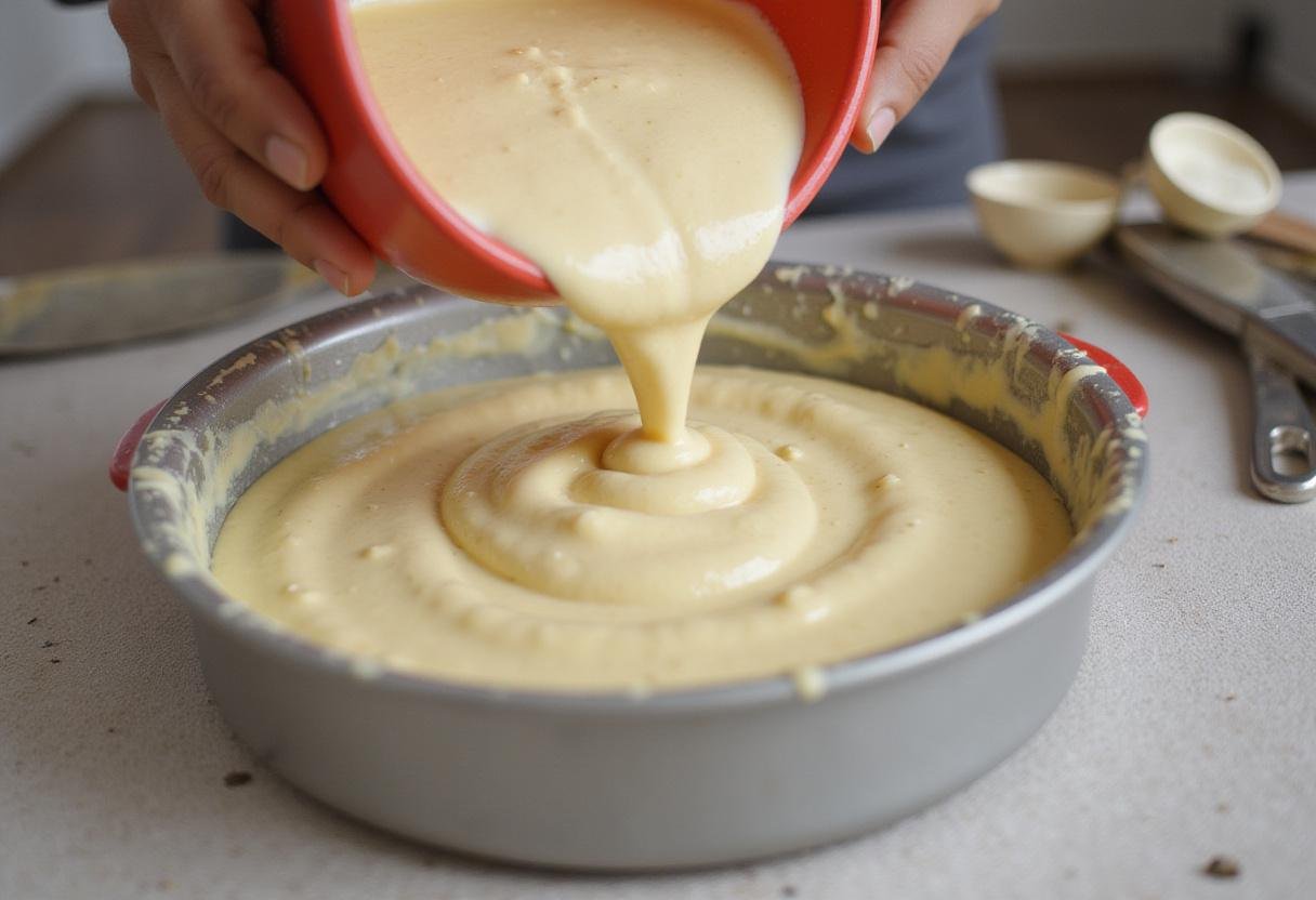 Pouring cake batter into a pan for Simple Cake Mix Desserts, emphasizing the coconut flavor and preparation for baking.