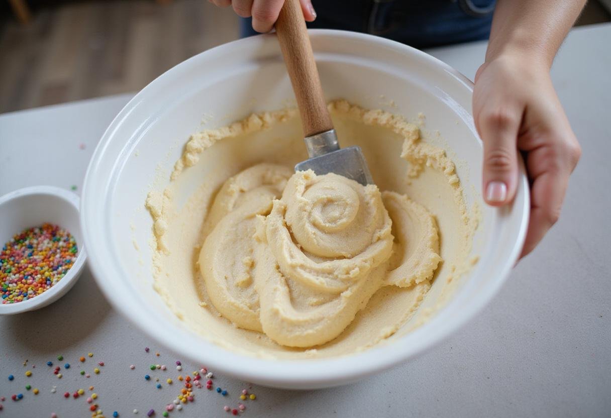 Mixing batter for a single mom birthday cake, highlighting the fun and joy of the baking process.