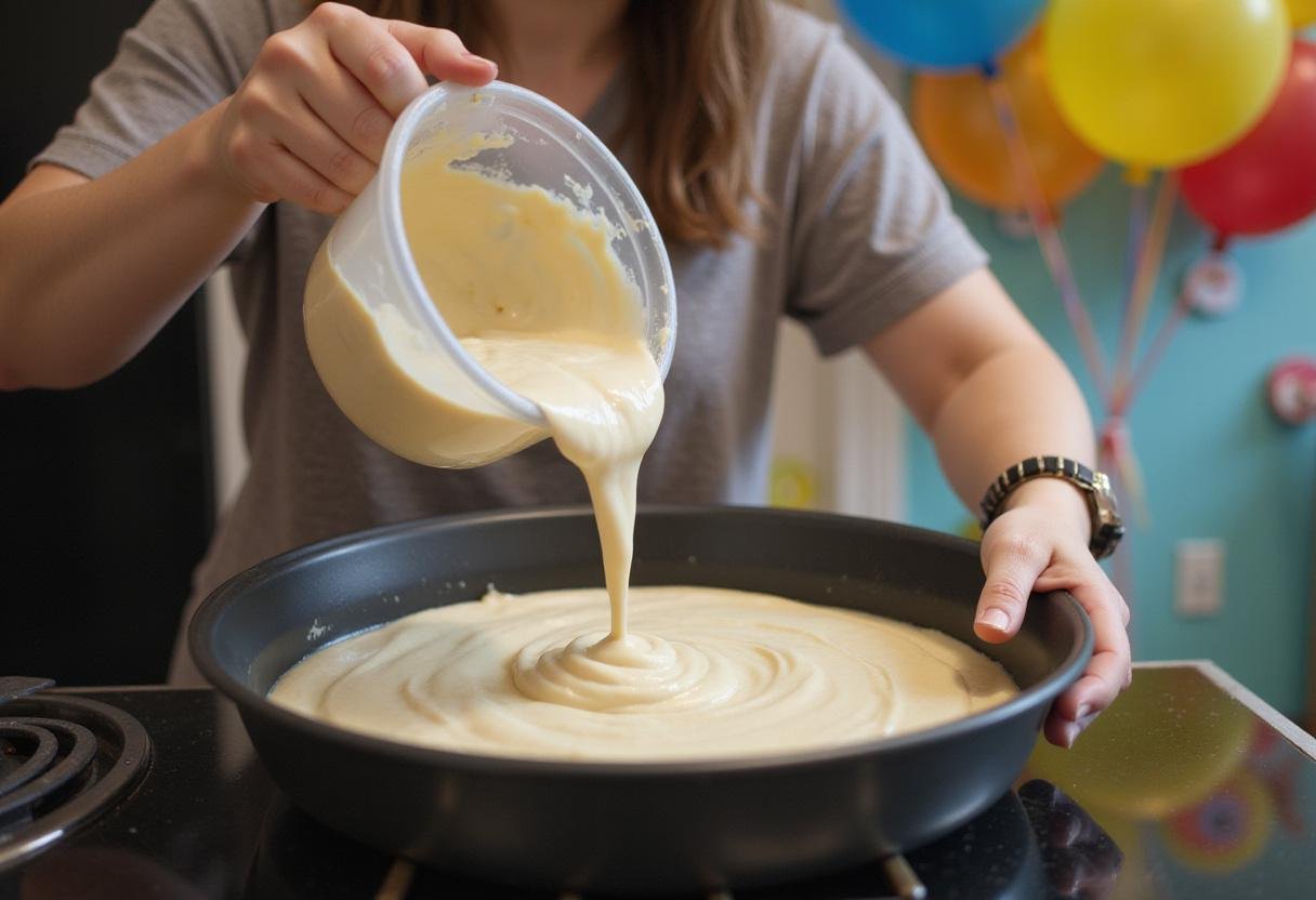 Pouring cake batter into a pan for a single mom birthday cake, surrounded by festive decorations.
