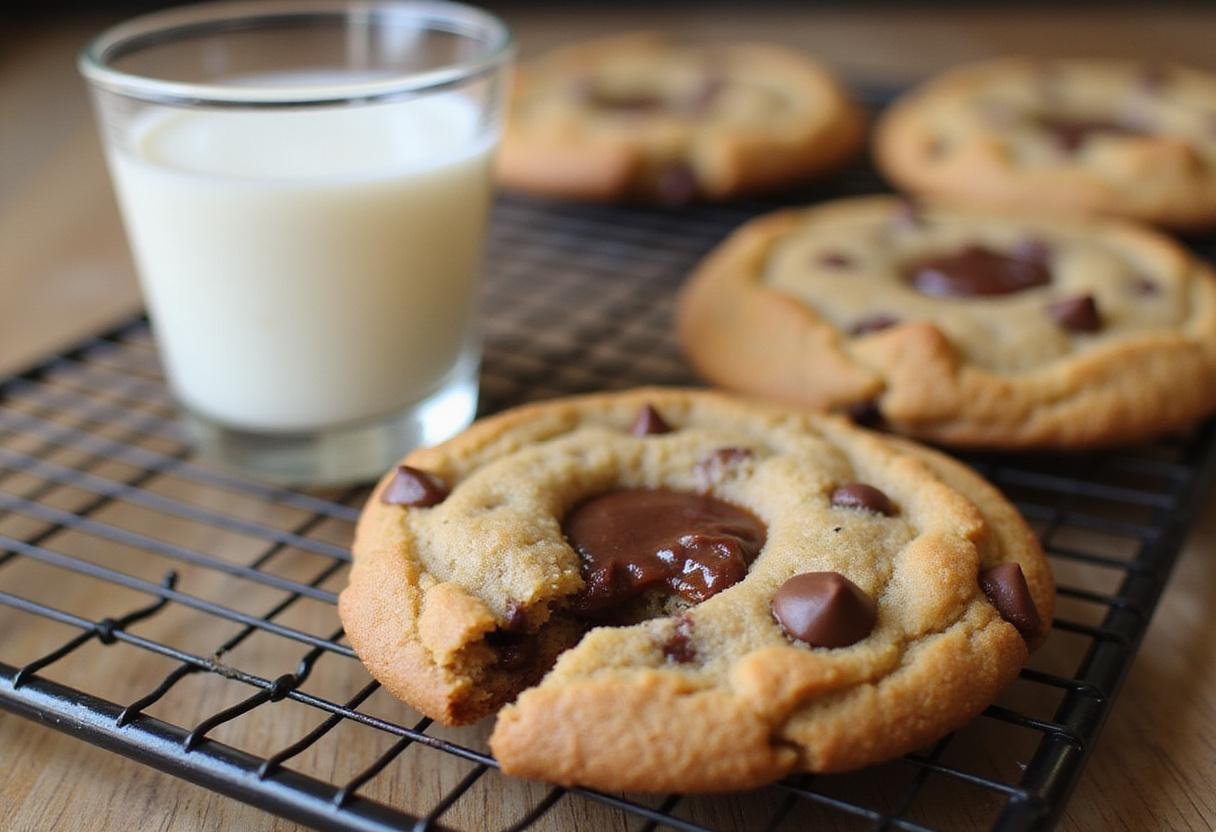 Final presentation of a single serve chocolate chip cookie, showcasing its deliciously soft texture and melted chocolate chips.