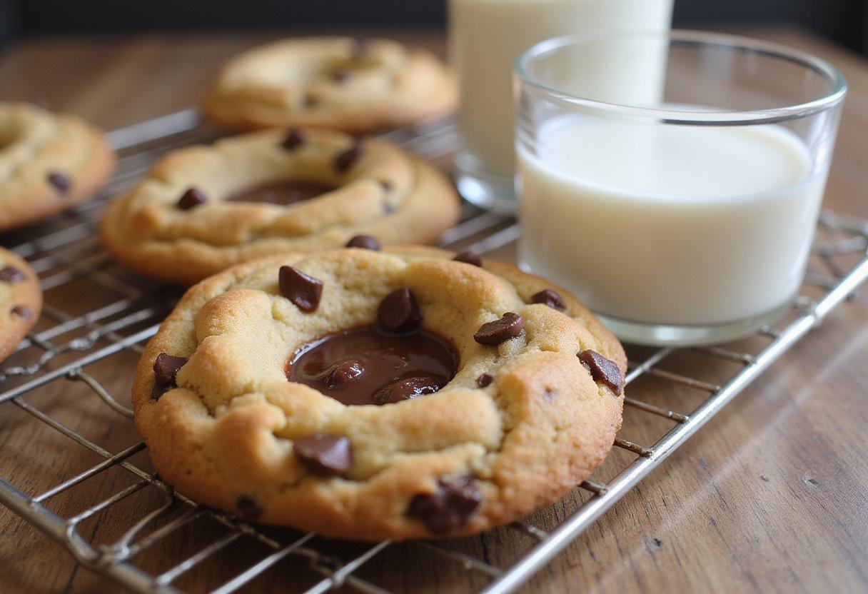 Final presentation of a single serve chocolate chip cookie, showcasing its deliciously soft texture and melted chocolate chips.