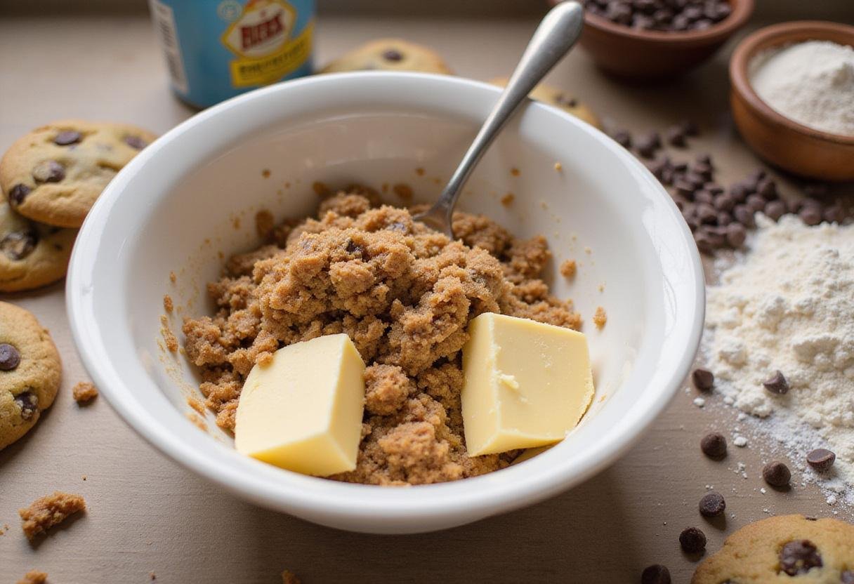 Preparing ingredients for single serve chocolate chip cookie with flour, sugar, and chocolate chips.