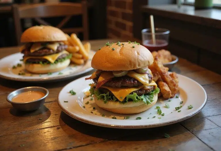 Deliciously presented smash burger recipe blackstone on a wooden table with fries and sauce, perfect for a satisfying meal.
