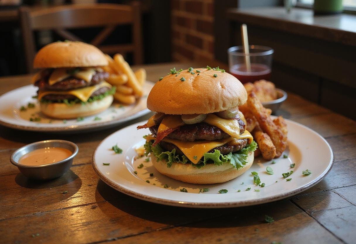 Deliciously presented smash burger recipe blackstone on a wooden table with fries and sauce, perfect for a satisfying meal.