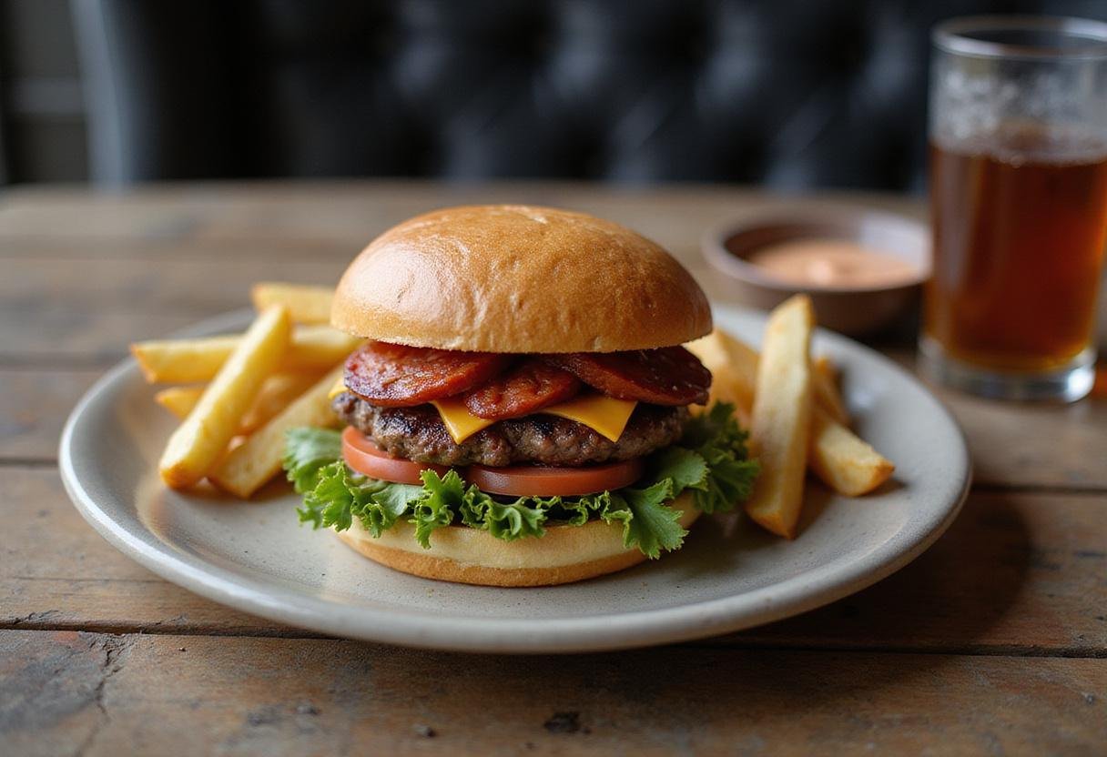 Deliciously presented smash burger recipe blackstone on a wooden table with fries and sauce, perfect for a satisfying meal.