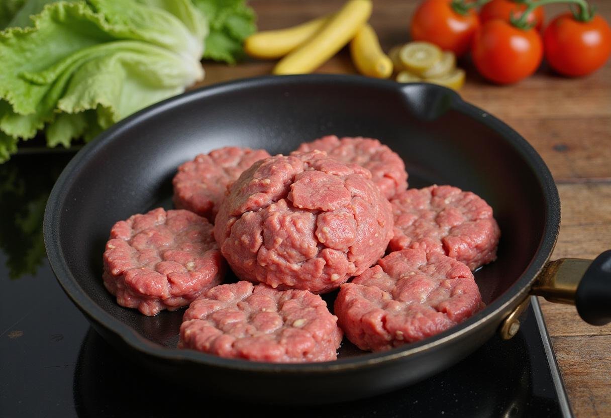 Fresh ingredients for smash burger recipe blackstone with ground beef ready to be smashed.