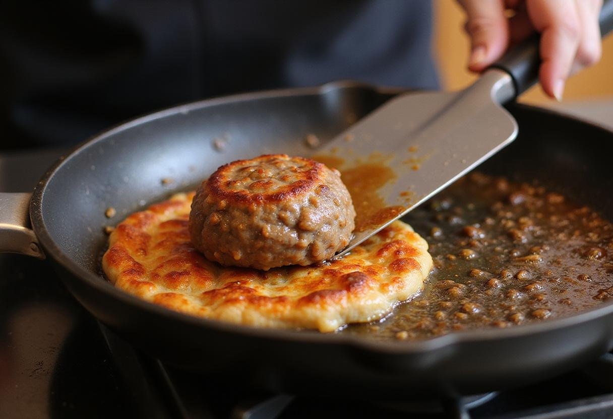 Cooking smash burger patty on blackstone, showcasing the delicious sear and sizzle in the process.