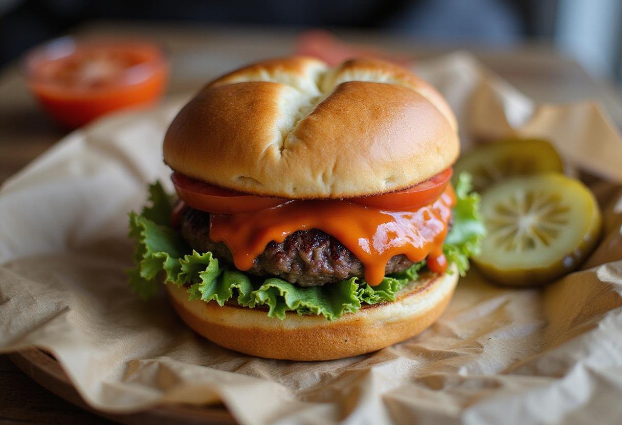 Assembling smash burger tacos with toasted bun and delicious fresh toppings to complement the blackstone smash burger.