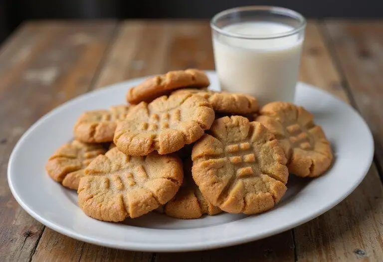 Deliciously baked soft air fryer peanut butter cookies served on a plate, paired with milk, showcasing the final result of the recipe.