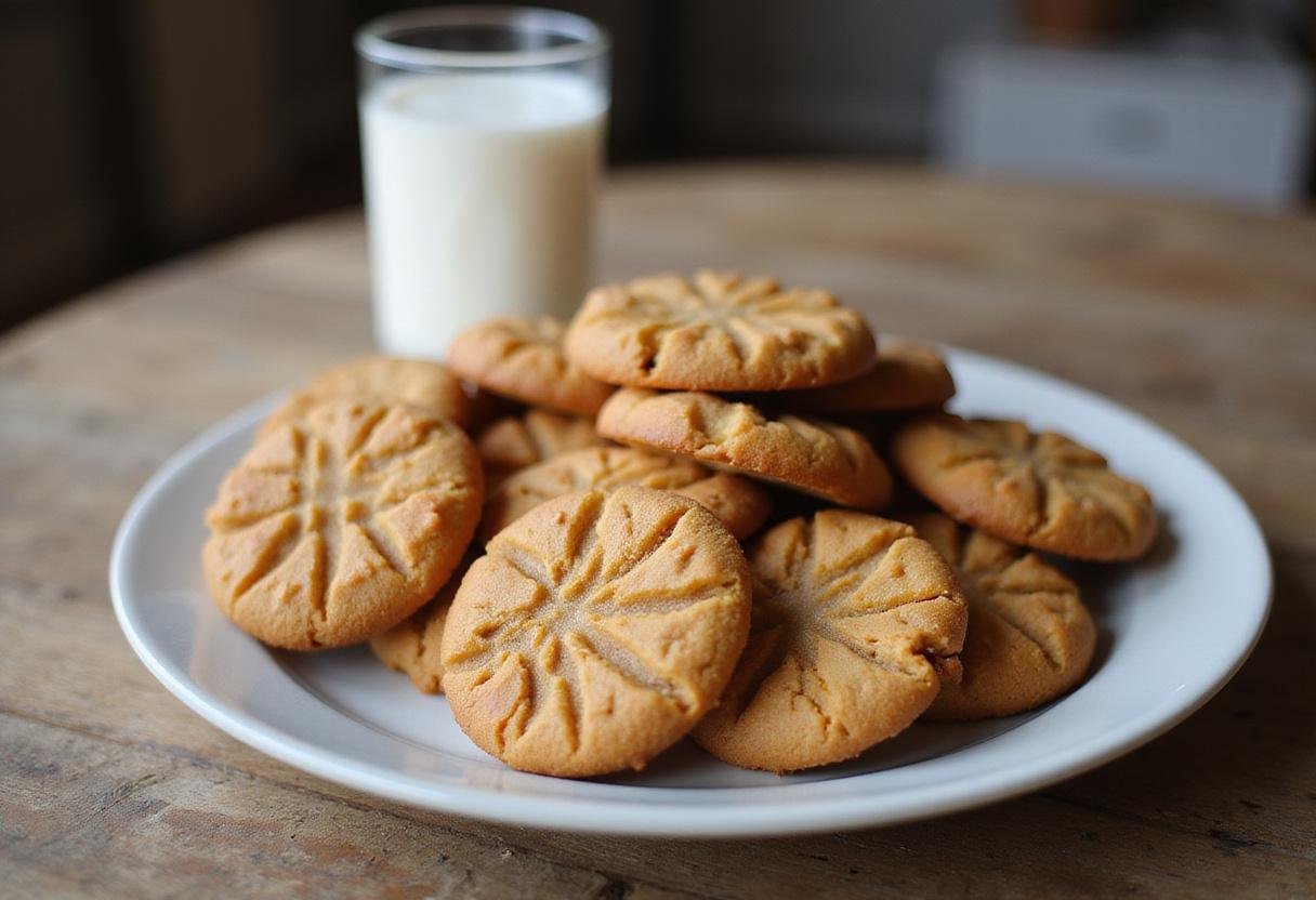 Deliciously baked soft air fryer peanut butter cookies served on a plate, paired with milk, showcasing the final result of the recipe.