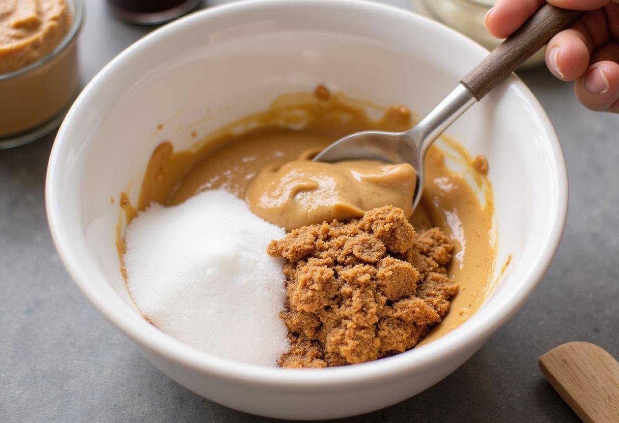 Mixing ingredients for air fryer peanut butter cookies, featuring peanut butter, sugars, and a wooden spoon on a kitchen counter.