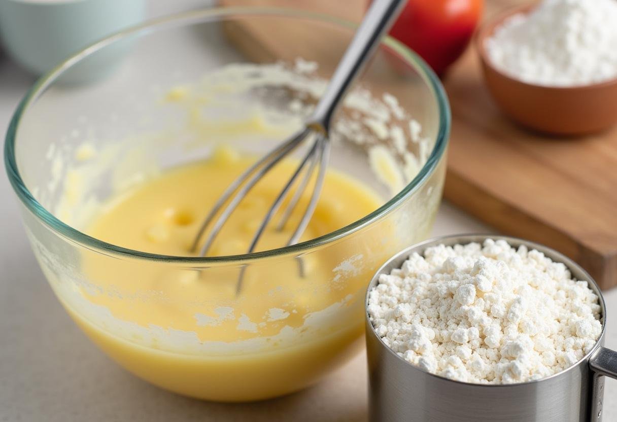 Preparing the dough for air fryer peanut butter cookies, showing the mixture and measuring ingredients for baking.