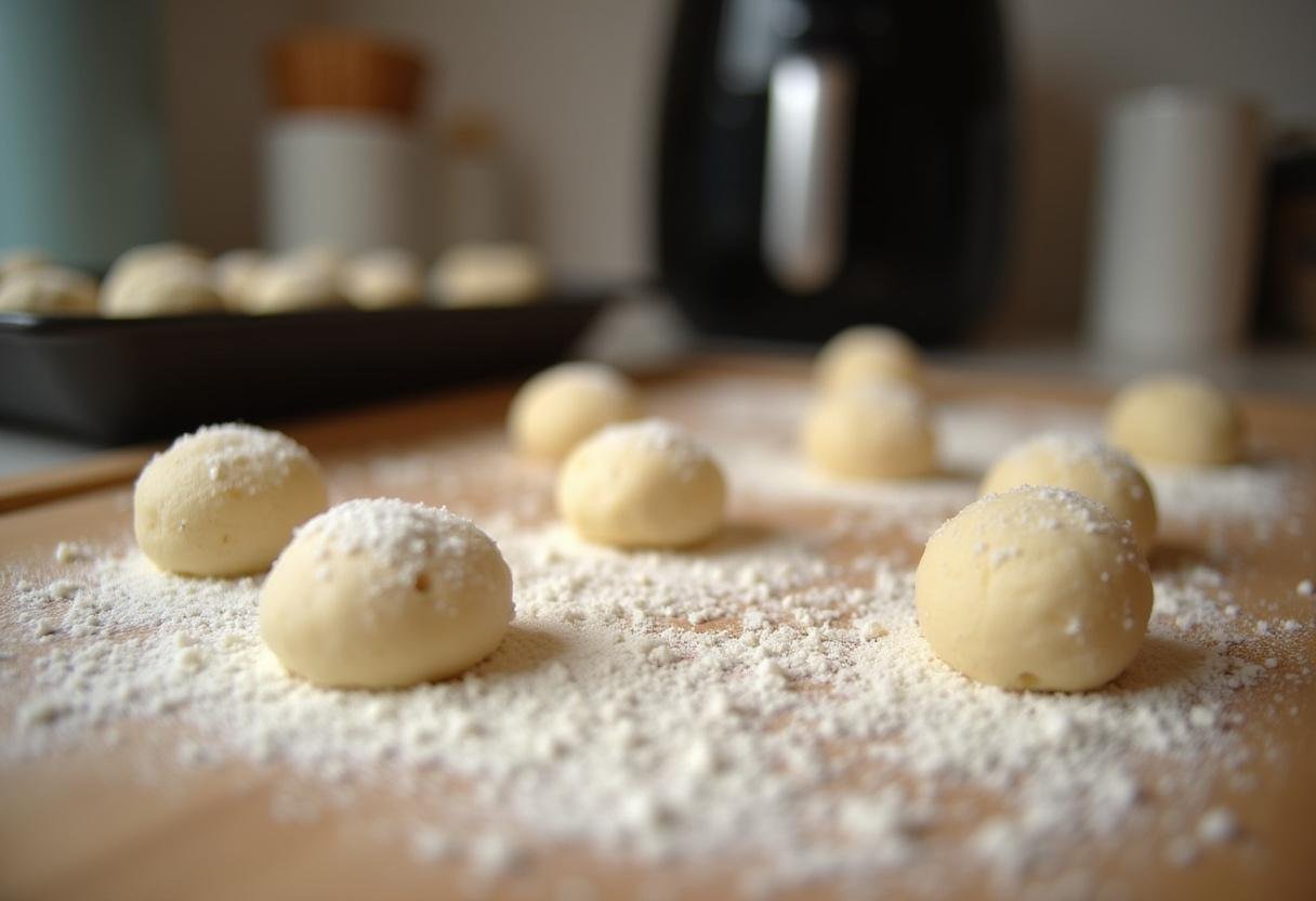 Forming dough balls for air fryer peanut butter cookies, showing the process of rolling cookie dough in sugar.