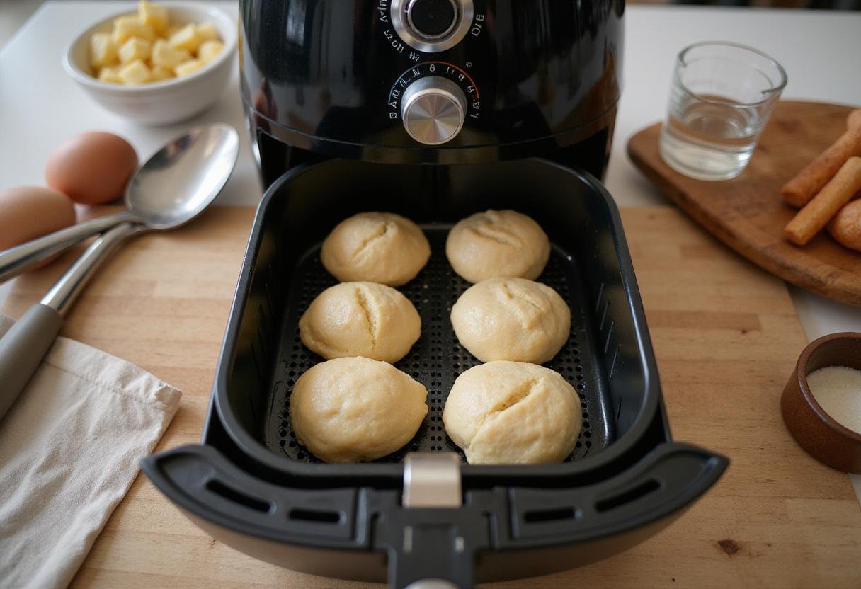 Air fryer tray with peanut butter cookie dough balls ready for cooking, emphasizing the easy air fryer baking process.