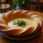 Delicious sourdough bread bowl filled with soup, displayed on a rustic table for an appetizing presentation