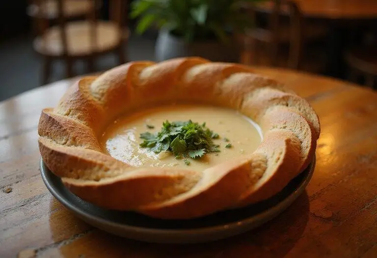 Delicious sourdough bread bowl filled with soup, displayed on a rustic table for an appetizing presentation