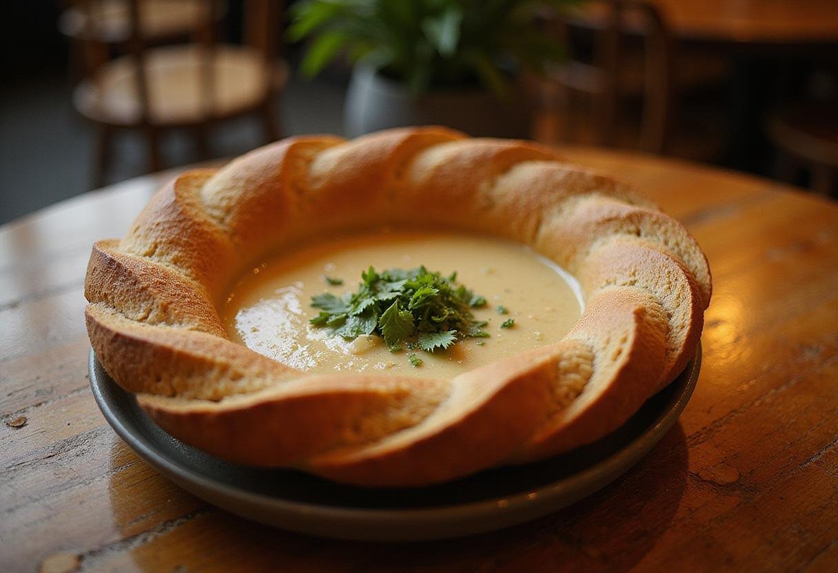 Delicious sourdough bread bowl filled with soup, displayed on a rustic table for an appetizing presentation