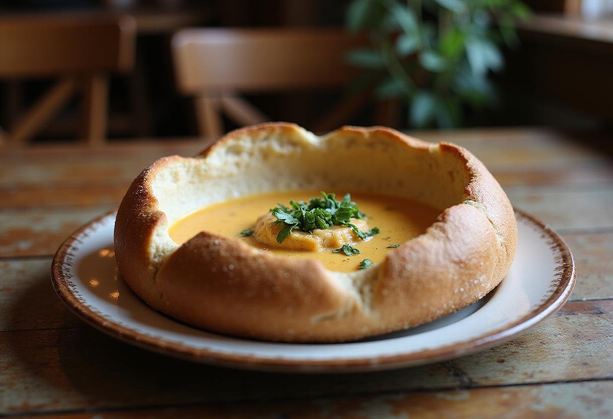 Delicious sourdough bread bowl filled with soup, displayed on a rustic table for an appetizing presentation