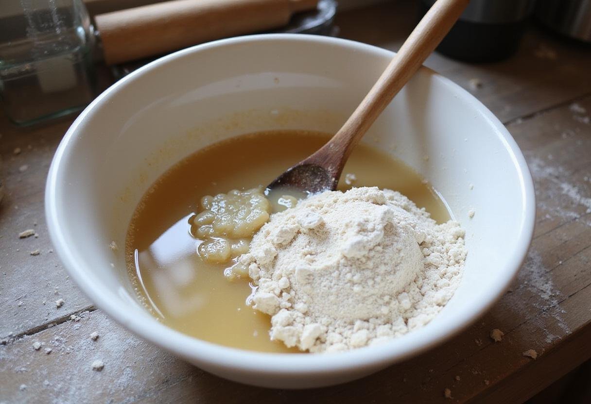 Sourdough bread bowl mixing process with starter, flour, and water in a rustic kitchen setting