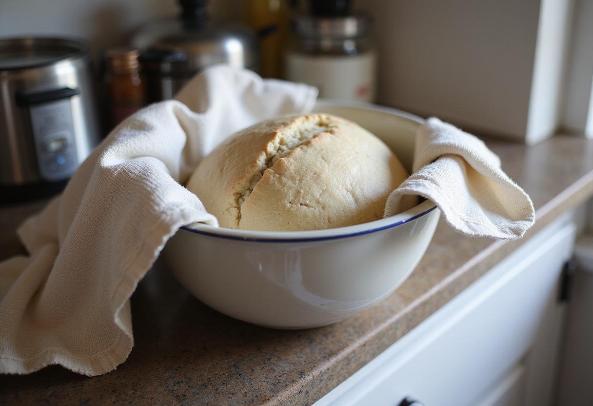 Sourdough bread bowl dough rising covered with a towel in a cozy kitchen environment