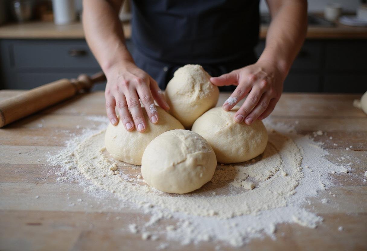 Shaping sourdough bread bowls on a floured surface with natural light in a rustic kitchen