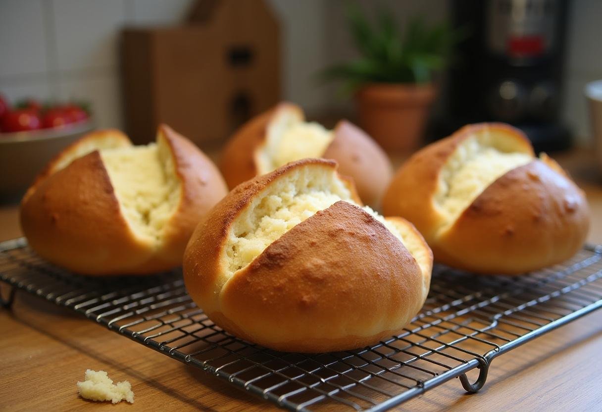 Cooling freshly baked sourdough bread bowls on a wire rack in a warm kitchen setting