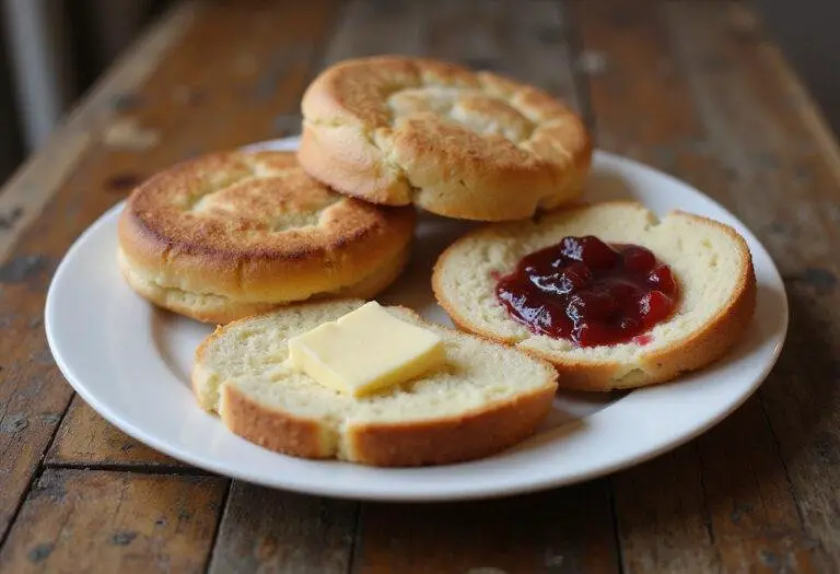 Final display of perfect sourdough English muffins, showcasing airy texture of sourdough english muffin bread ready to be enjoyed.