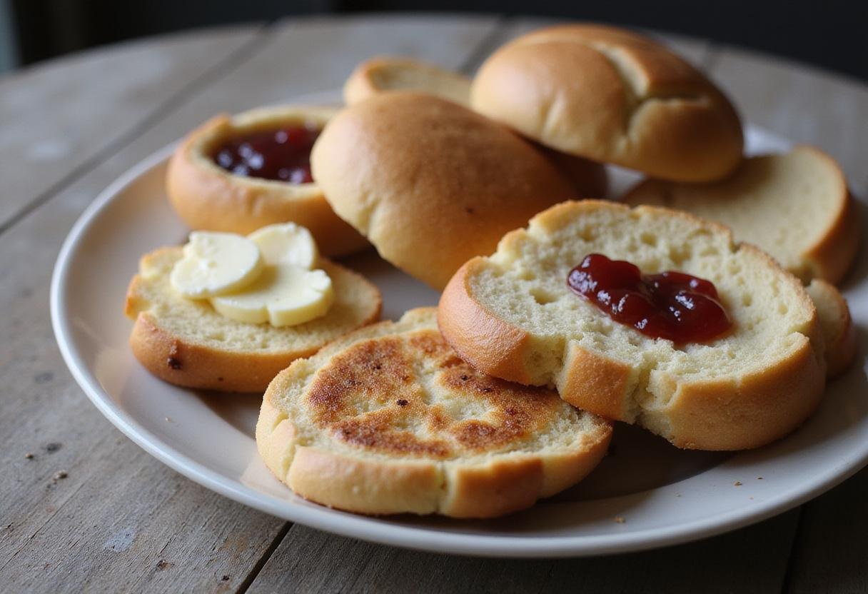 Final display of perfect sourdough English muffins, showcasing airy texture of sourdough english muffin bread ready to be enjoyed.