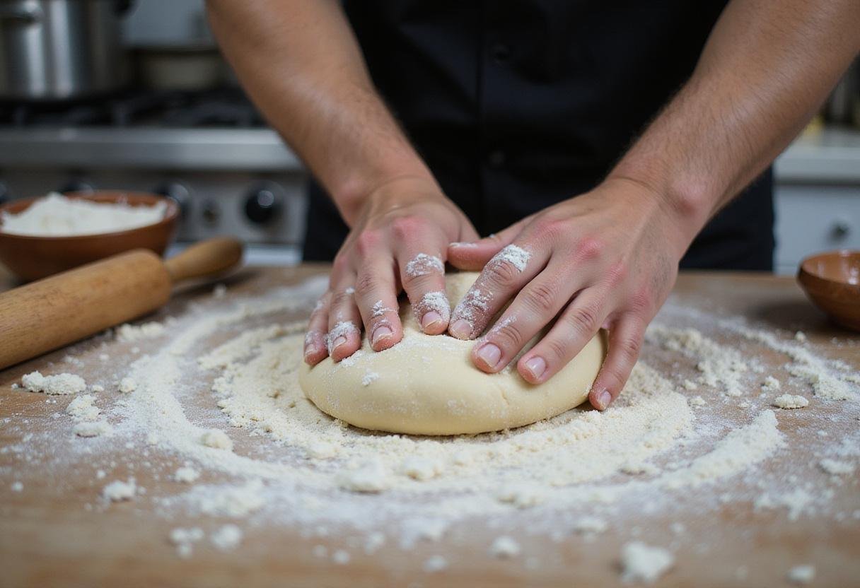 Kneading sourdough muffin dough to create perfect texture, essential step to making homemade sourdough English muffins.