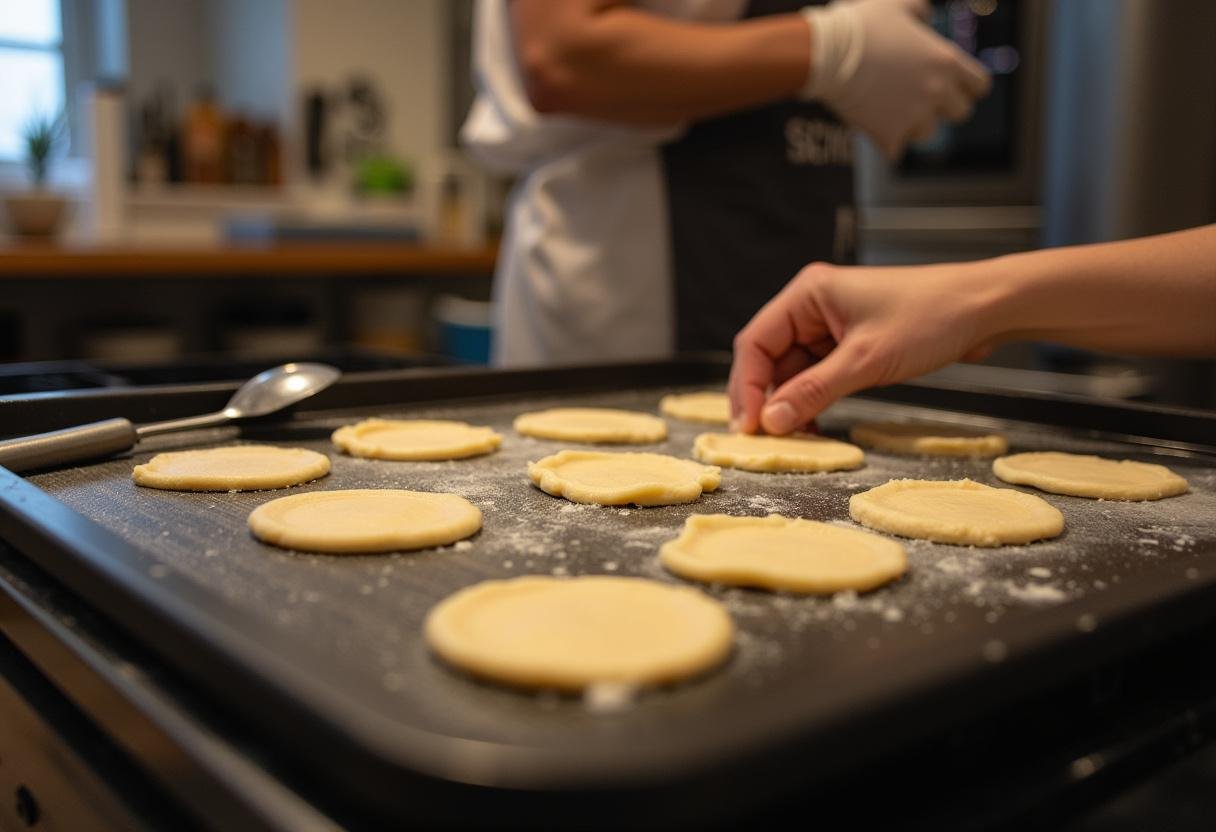 Cooking sourdough English muffins on a griddle, illustrating the final preparation for crispy muffins.