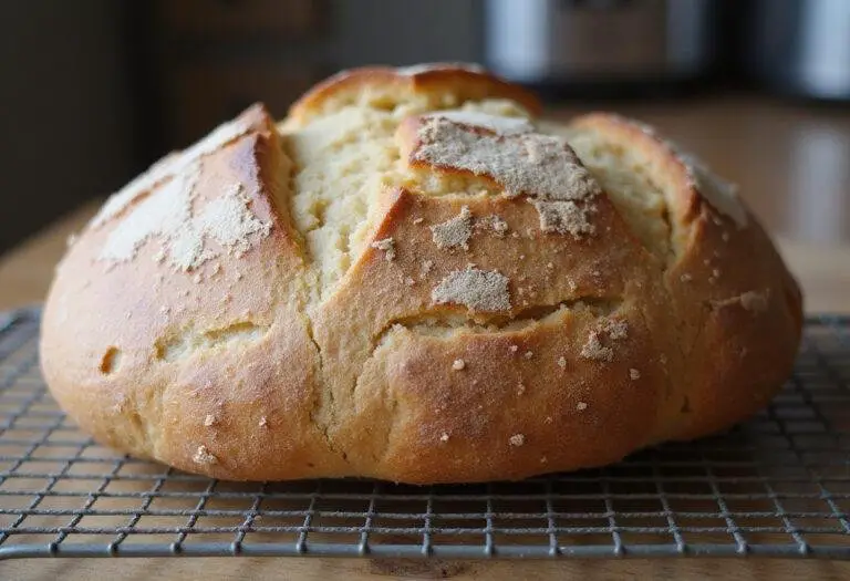 Freshly baked sourdough French bread loaf cooling, showcasing its golden crust and artisan texture.
