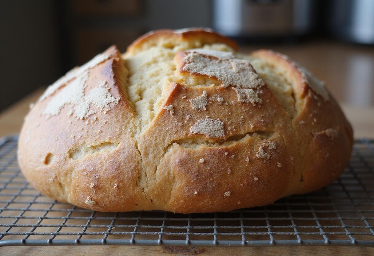 Freshly baked sourdough French bread loaf cooling, showcasing its golden crust and artisan texture.