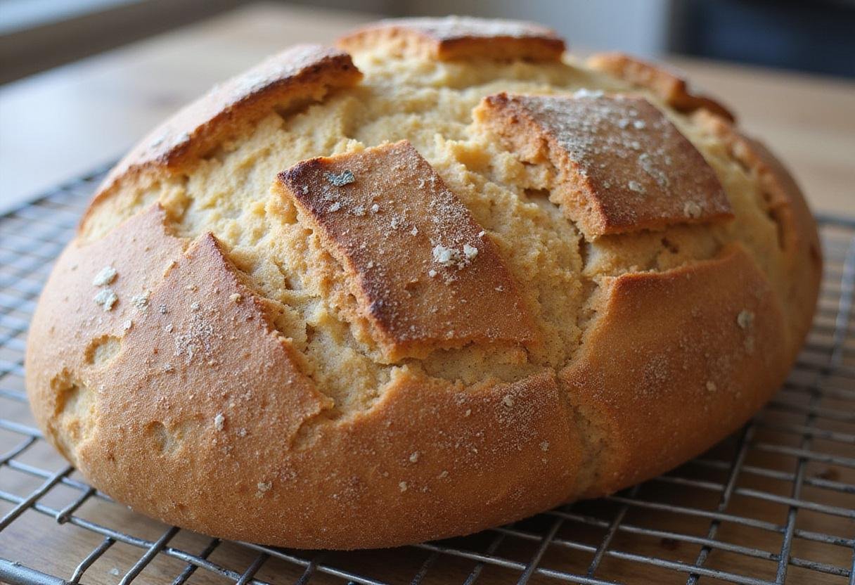 Freshly baked sourdough French bread loaf cooling, showcasing its golden crust and artisan texture.