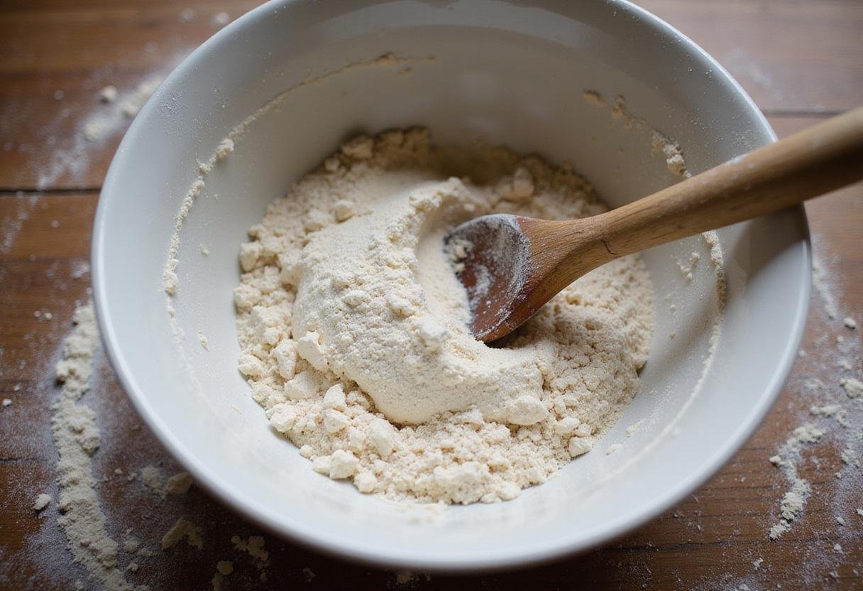 Sourdough French bread ingredients being mixed in a bowl, showcasing the sourdough starter and flour in a rustic kitchen.