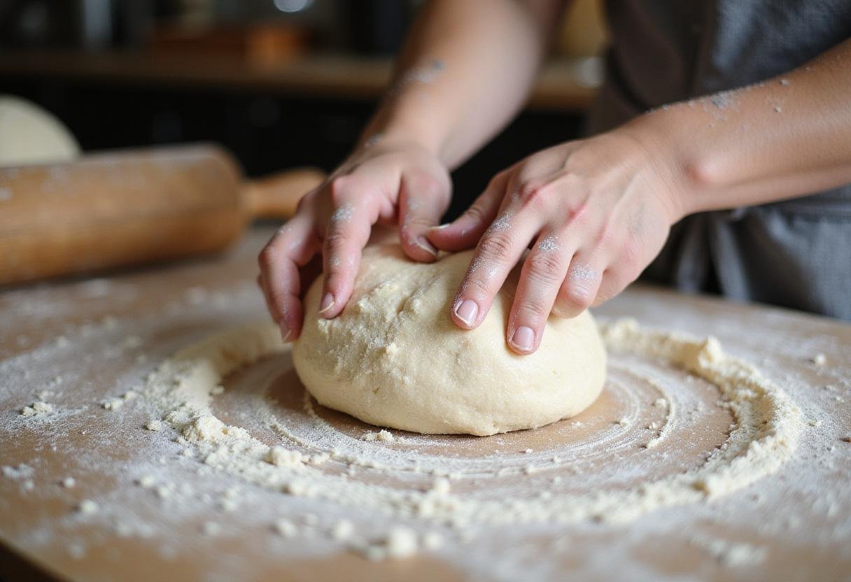Kneading sourdough French bread dough on a floured surface, illustrating the texture and consistency for perfect bread.