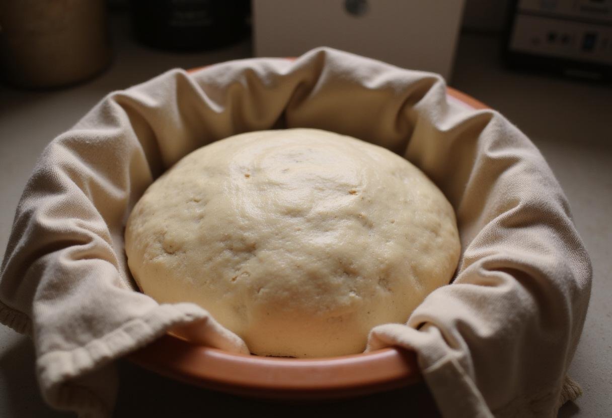Dough rising for sourdough French bread under a cloth, capturing the fermentation process essential for sourdough.