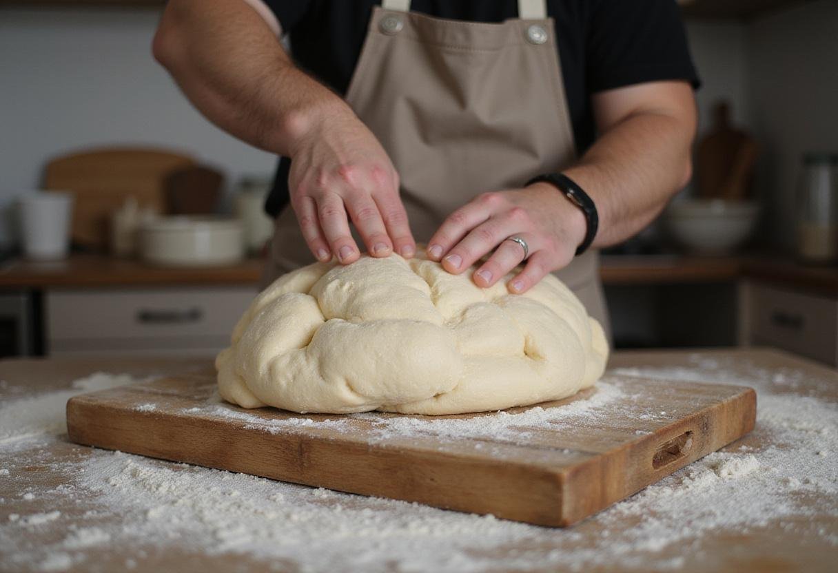 Shaping sourdough French bread loaf on a wooden board, emphasizing the crafting of artisan bread.
