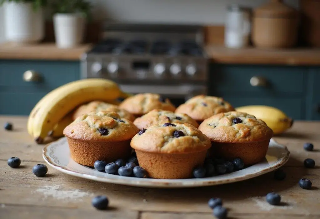 Displaying a variety of sourdough muffins, including blueberry and banana flavors, arranged elegantly, showcasing the delicious final result of the sourdough muffin recipe.
